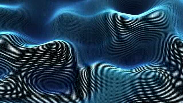 Abstract 3D sound waves. Big data abstract concept: digital wave of glowing particles in motion. Digital audio equalizer, energy flow visualization. Blue sound waves or wavy surface, dark background.