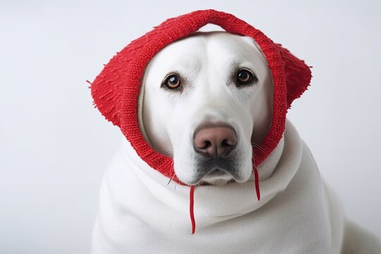 Dog dressed in red hearts on Valentine's Day. alone against a white background. Generative AI