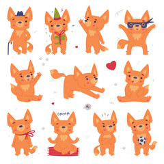 Cute Fennec Fox with Red Coat and Large Ears Engaged in Different Activity Vector Set