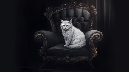 White fluffy cat on a black vintage armchair