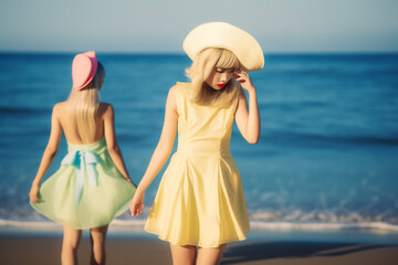 Two girlfriends pose stylishly beachside