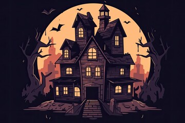 Illustration of a haunted house for Halloween. Drawing of a real-life Halloween event. Generative AI