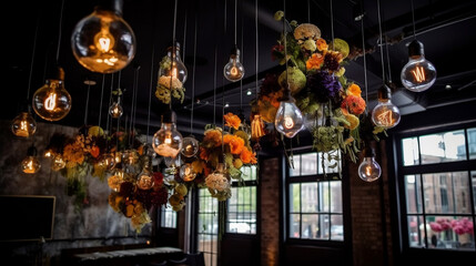 Florariums with flowers and stones hang among the Edison blubls lamps from the ceiling and mirroring in window. Decor. Reception. Generative AI.