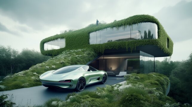A Futuristic Oxygen-Generating Home with Living Facade & Luxe Biofuel-Powered Supercar: The Ultimate Green Living & Sleek Automobile Combination, Generative AI
