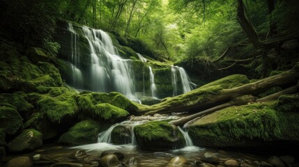 Naklejka na ściany i meble Waterfall cascade in a green forest. Generative AI