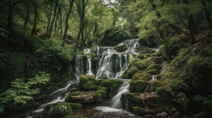 Fototapeta na wymiar Waterfall cascade in a green forest. Generative AI