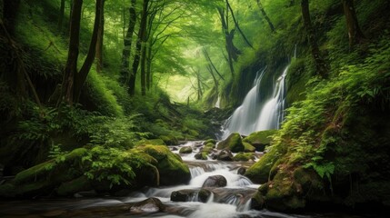 Obraz premium Waterfall cascade in a green forest. Generative AI