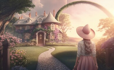 rainbow unicorn house, woman in romantic pink dress, walking along rose garden path leading to fabulous rainbow unicorn house