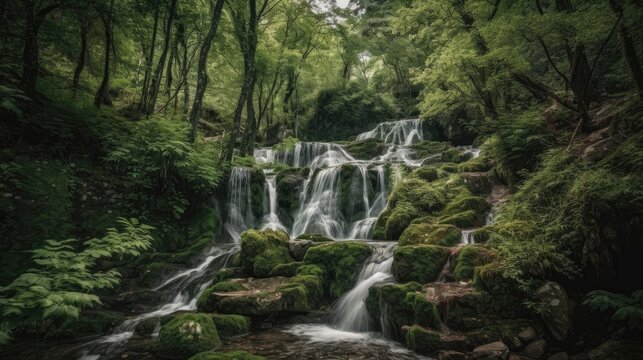 Waterfall cascade in a green forest. Generative AI
