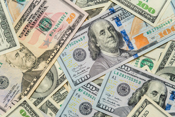 Money pile dollar bills background