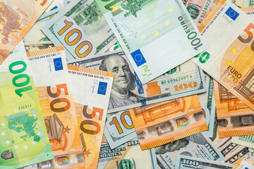 Money pile dollar and euro bills background