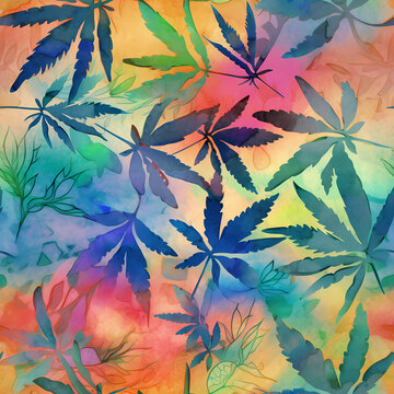 Colorful seamless background with cannabis leaves, watercolor effect. Generative Ai.