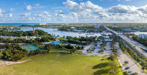 Fototapeta premium Aerial panoramic photo of Juipter, Florida, Lighthouse Park. USA. December 29, 2022.