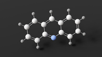 acridine molecule, molecular structure, nitrogen heterocycle, ball and stick 3d model, structural chemical formula with colored atoms