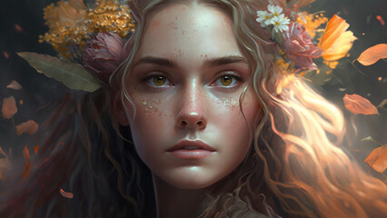 Illustration of blonde girl with blossoms in hair, art noveau style. Created with Generative AI. - obrazy, fototapety, plakaty