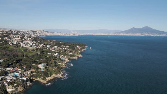 Aerial view of Mount Vesuvius from Marechiaro along the Mediterranean Sea coastline, Naples, Campania, Italy.
