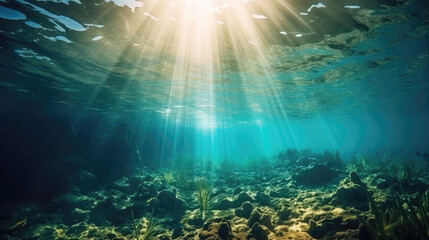 Fototapeta premium Underwater sea in blue sunlight. Generative AI
