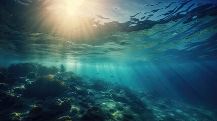 Underwater sea in blue sunlight. Generative AI