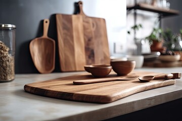 Wooden board against a background of a kitchen. Shop for furniture. accuracy on the board. location for product promotion. Unrestricted room for items and design. Design of the items. Generative AI