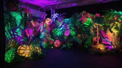 Neon Jungle: A dance party with neon lights and a jungle-themed decor. Generative ai.
