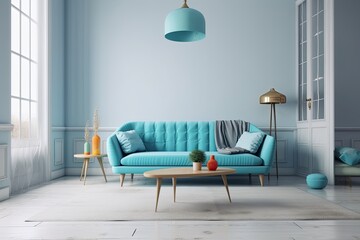 contemporary sofas in a living room painted bright blue. minimalist design idea style in pastel tones. Generative AI