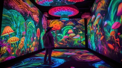Obraz na płótnie Canvas Technicolor Wonderland: An interactive art exhibit that encourages visitors to explore a surreal and psychedelic world. Generative ai.