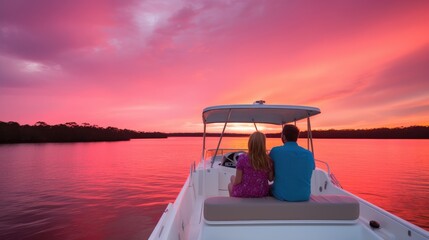 A couple enjoying a romantic sunset cruise with warm hues of pink and orange. Generative ai.