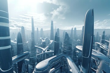 Fototapeta na wymiar Futuristic city with advanced technology and sleek architecture. Generative AI