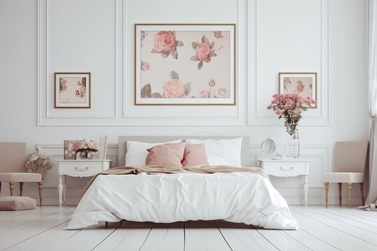 Interior of the bedroom with a white backdropped picture frame. Generative AI
