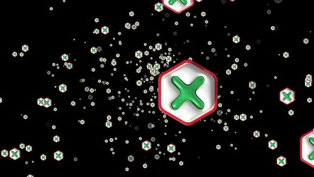 animated particle of cross check mark icon button and no or wrong symbol on reject cancel sign button on black background,motion graphic.