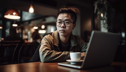 A business person working on a laptop at a coffee shop, promoting the idea of remote work. Generative AI