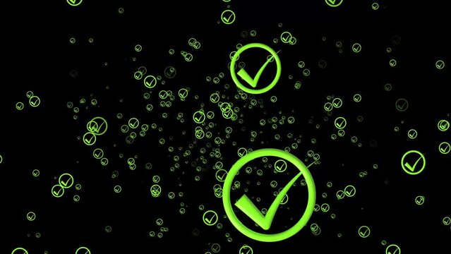 animated particle of Like or correct symbol,Confirmed or approved button 3D illustration on black background,motion graphic.