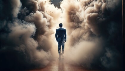 A business person emerging from a cloud of smoke, like a superhero making a entrance. Generative AI