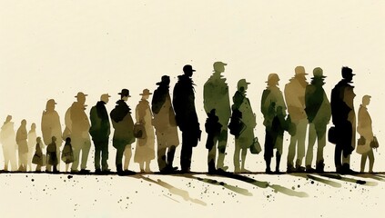 People in winter clothes and hats stand in line, watercolor illustration. Generative AI - obrazy, fototapety, plakaty