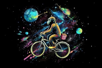 Fototapeta na wymiar Illustration of a monkey riding a bicycle in cosmos with stars, planets and galaxies in distance. Concept of space exploration. Generative AI