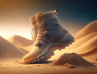 Trekking shoes in desert sand. Military sport trekking footwear. Combat boots. Generative AI