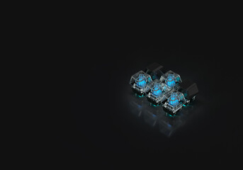 Glass buttons from a computer keyboard. 3d render on gaming, computer technology, PC. Modern minimal style. Dark background.