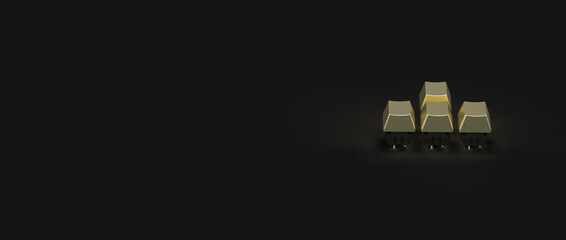 Gold buttons from a computer keyboard. 3d render on gaming, computer technology, PC. Modern minimal style.