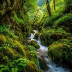  beautiful nature, waterfall, mountain river, beautiful trees, mosses.
