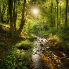 Green forest in sunlight with forest stream Generative AI