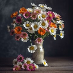 Colorful chamomile flowers in a flower vase. Generative AI