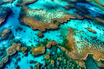 The summer aerial view showcases the vibrant blues and greens of coral reefs and lagoons