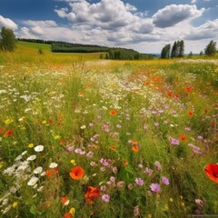 Поле с различными полевыми цветами - field with various wildflowers восхитительный ландшафт - stunning landscape красота - beauty яркость - brightness цветы - flowers оттенки - sha Generative AI