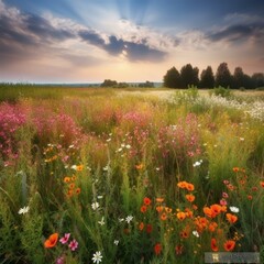 Поле с различными полевыми цветами - field with various wildflowers восхитительный ландшафт - stunning landscape красота - beauty яркость - brightness цветы - flowers оттенки - sha Generative AI