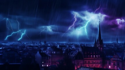 Gloomy gothic city with vibrant blue and purple lightining storm