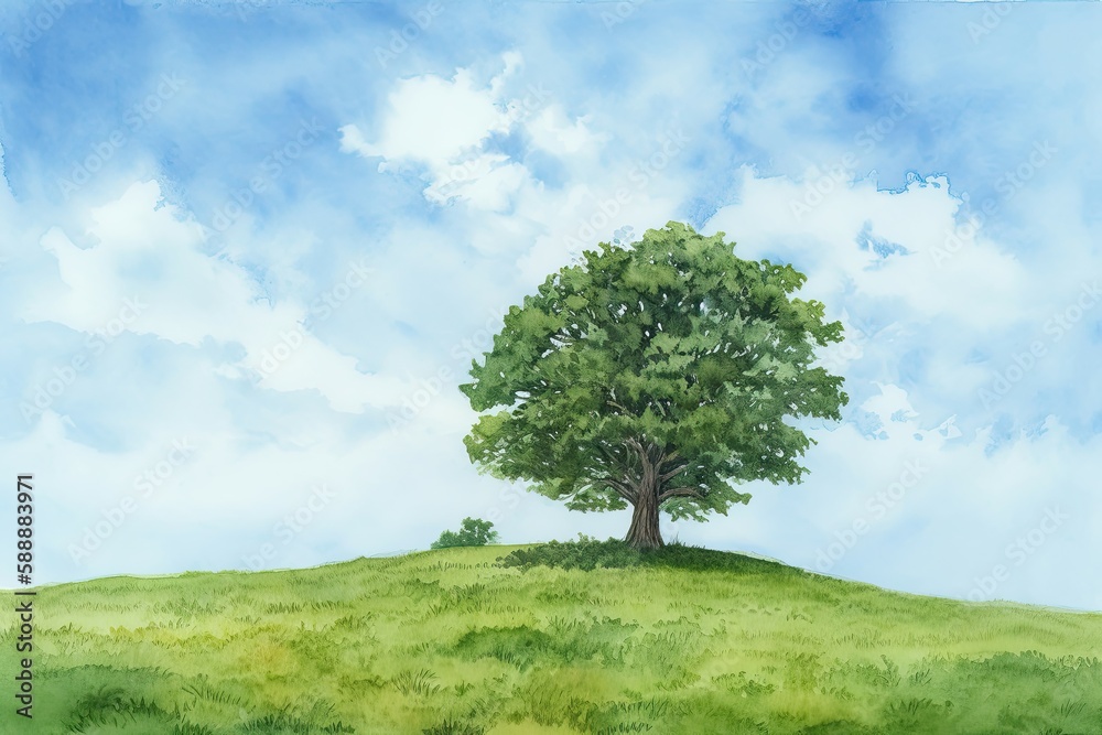 Wall mural Majestic tree in the middle of a lush meadow with a clear blue sky above. Watercolor Painting. Generative AI