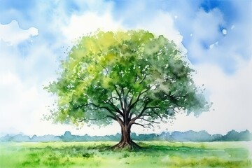 Fototapeta na wymiar Majestic tree in the middle of a lush meadow with a clear blue sky above. Watercolor Painting. Generative AI