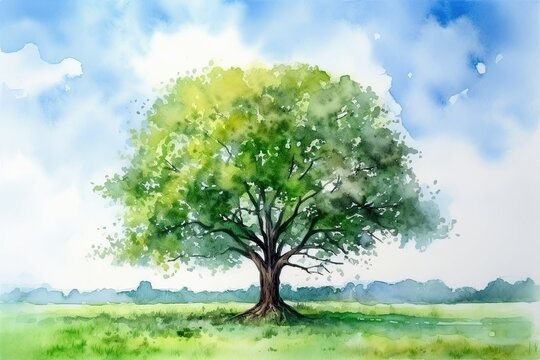 Majestic tree in the middle of a lush meadow with a clear blue sky above. Watercolor Painting. Generative AI
