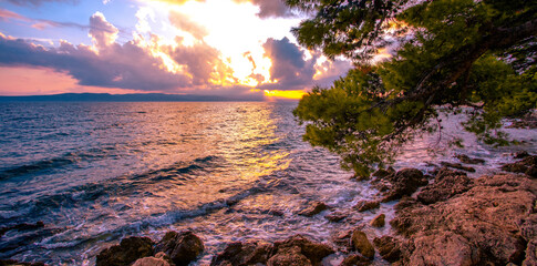 incredible croatian view sunset landscape, Brela resort, Dalmatia, Croatia, Adriatic sea, ...