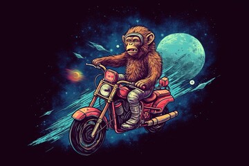 Illustration of a monkey riding a motorbike in cosmos. Space exploration program. Generative AI - obrazy, fototapety, plakaty